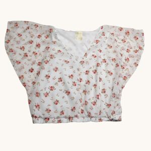 Japna Blouse Small White Floral Crop Top Flutter Sleeve V-Neck Chiffon lined